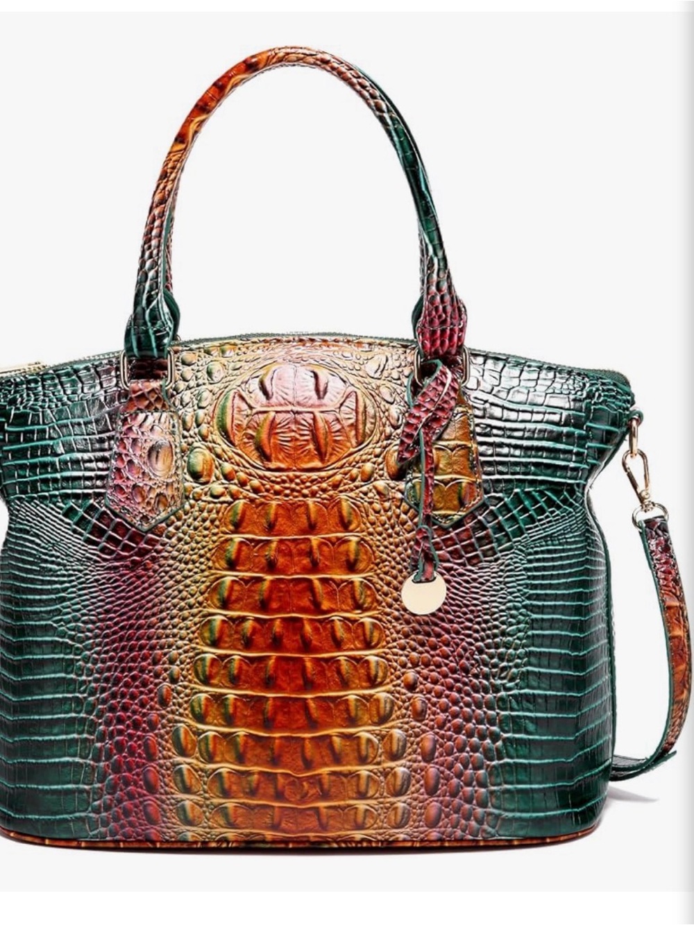 Multicolor Embossed Vegan Leather Croc Tote Bag Blue- Green/Bronze Peacock